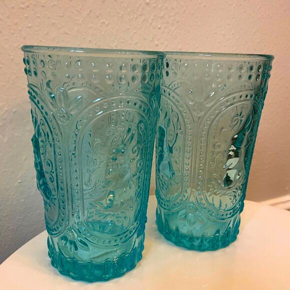 Easter Bunny Embossed Hobnail Victorian Heavy Drinking Glasses Set 4 Blue New - Picture 10 of 16